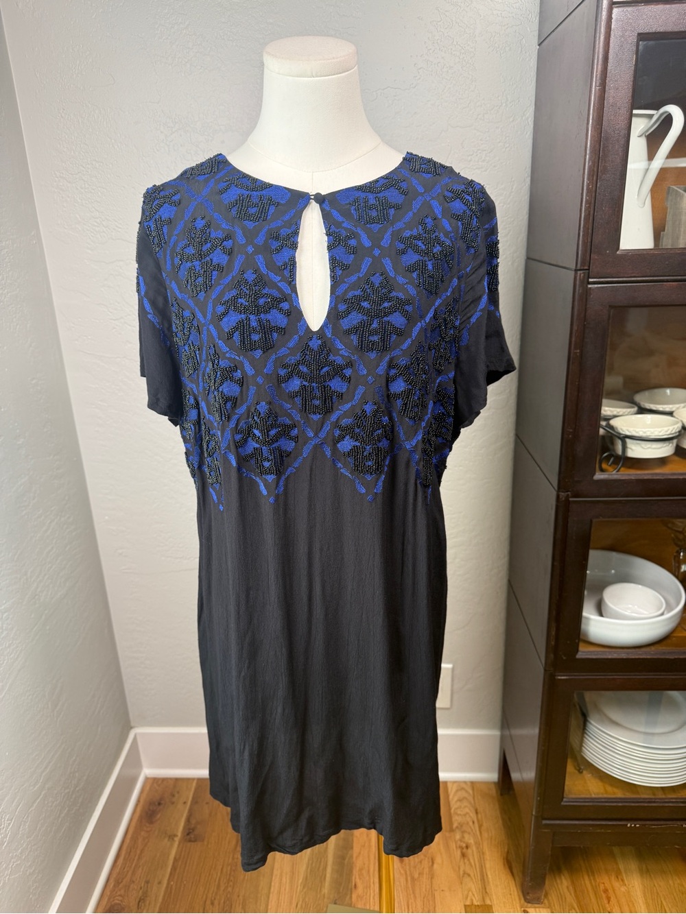 Lucky Brand Black Cobalt Blue Beaded Embroidered Shift Dress Boho Size XL
